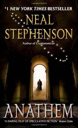 Cover of the 2008 William Morrow hardcover edition of Anathem by Neal Stephenson, a dark green jacket with a single hooded figure silhouette and gold clock-tower imagery