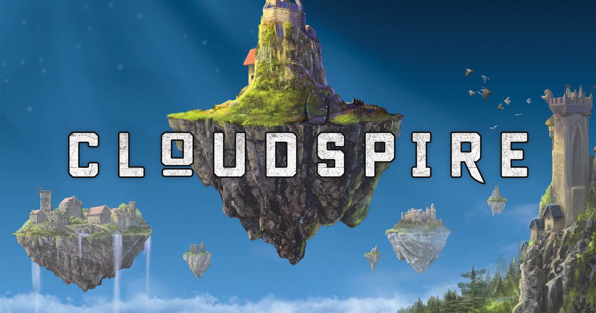 Box art for Cloudspire showing floating fortress spires under a golden sky