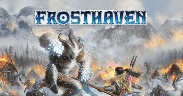 Box art for Frosthaven showing a fur-cloaked adventurer battling amid a snowy mountain landscape