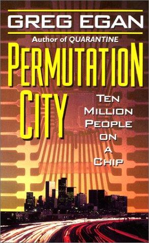 Cover of the paperback edition of Permutation City by Greg Egan, showing a city skyline dissolving into abstract fragmented geometry