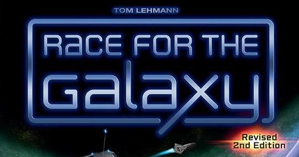 Box art for Race for the Galaxy showing a stylized starship silhouette against a colorful nebula backdrop