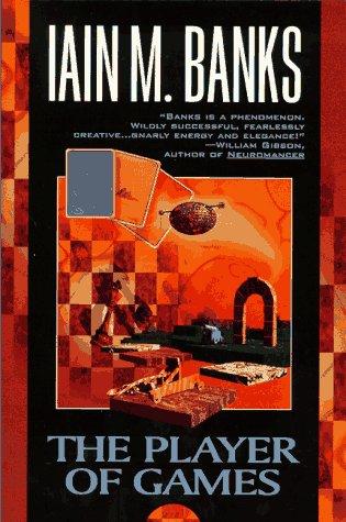 Cover of the 1988 Macmillan first edition of The Player of Games by Iain M. Banks, an abstract dark background with a stylized game-board motif