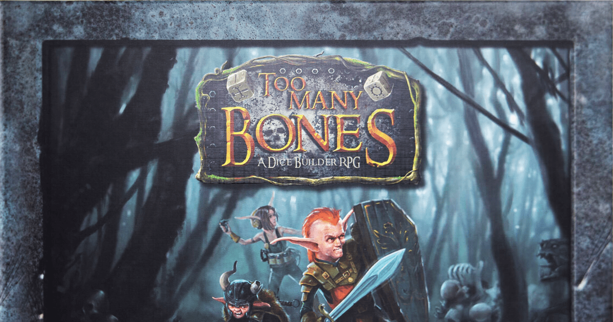 Box art for Too Many Bones showing a Gearloc character surrounded by oversized custom dice